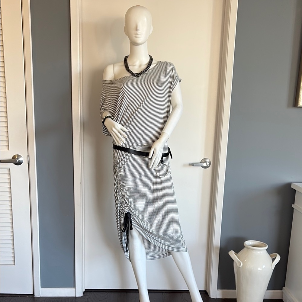 Black and White Asymmetrical One Shoulder Dress with Tie Front